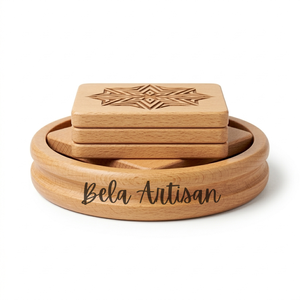 Juego de Posavasos Cuadrados de Madera de Haya Hechos a Mano con Soporte, Acabado Natural, Patrón de Estrella Geométrica, Estilo Moderno Rústico, para Bebidas Frías/Calientes, Bodas, Diwali - Product Image 3