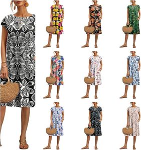 Vestidos de algodón estilo bohemio con estampado floral, manga corta, cintura imperio, cuello redondo, vestido midi informal de verano para vacaciones con bolsillos. - Product Image 3