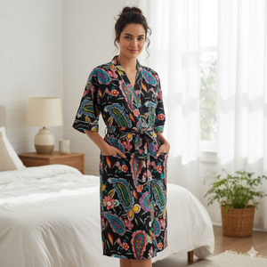 ชุดคลุมกิโมโนผ้าฝ้ายลายดอกไม้สีดำสำหรับผู้หญิง แขนยาว คอวี ชุดคลุมอาบน้ำยาวสำหรับพักผ่อน สปา และรีสอร์ท - Product Image 3