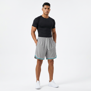 Shorts gris unis pour hommes avec bordure turquoise, taille à cordon de serrage, séchage rapide, vêtements de sport décontractés - Product Image 2
