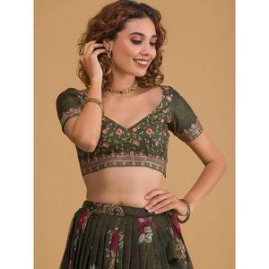 <b>Charming</b> Dark Green Floral Printed Organza Designer Lehenga Choli - Product Image 3