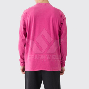 T-shirt en coton rose uni à manches longues et coupe oversize pour homme, col rond, coupe décontractée, logo au dos - Product Image 5