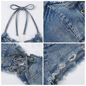 Ensemble bikini en jean pour femme, haut croisé à lacets, bas taille haute, maillot de bain 2 pièces, bleu délavé, coton extensible - Product Image 4
