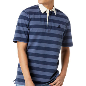 เสื้อโปโลผู้ชายลายทางแขนสั้นผ้าฝ้ายผสมลำลองสไตล์รักบี้ปักโลโก้ตามสั่งระบายอากาศได้ดีสวมใส่ได้ในฤดูใบไม้ผลิและฤดูร้อน - Product Image 1