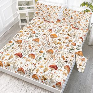 Set di lenzuola piatte rosse a forma di fungo da 4 pezzi con motivo floreale e 2 federe per decorazioni a tema piante del mondo - Product Image 1