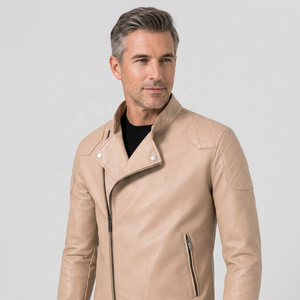Blouson moto en cuir PU beige pour homme, col rabattable, fermeture éclair, couleur unie, coupe ajustée, longueur standard, vêtement d'hiver 2027 - Product Image 1