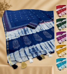Sari de Algodón Azul Índigo, Sari Tradicional Indio con Estampado Bandhani, Prenda Étnica para Mujer, Sari Shibori Tie Dye con Borlas - Product Image 3