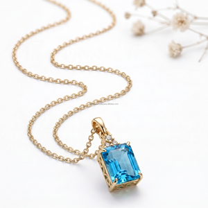 Colgantes y Dijes de Oro Blanco con Corte Esmeralda Topaz Elegance, Zodíaco de Noviembre, Energía Tranquila, Joyería Fina, Nueva Colección de Lujo - Product Image 1