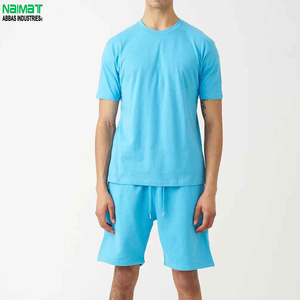 Ensemble T-shirt et short pour homme en coton bleu uni, col rond, décontracté, pour l'été, 2 pièces, tissu respirant tricoté - Product Image 1