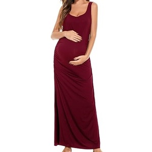 Vestido de Maternidad para Lactancia, Color Granate, Liso, para Uso en Exteriores, Traje de Lactancia, Vestido Largo hasta el Suelo, Transpirable - Product Image 1
