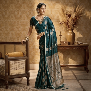 Sari de satén verde puro de diseñador, tejido a mano, con trabajo de zari dorado |   Elegante Saree Tradicional Festivo para Bodas para Mujeres - Product Image 2