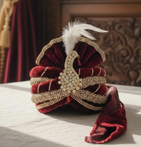 Turbante étnico indio de terciopelo Safa con bordado dorado y plumas para accesorios de boda para novio, estilo para las cuatro estaciones - Product Image 2