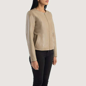Veste de motard pour femme en cuir de mouton beige sans col, écologique, matelassée, respirante, séchage rapide, hiver, Furat Leathers - Product Image 2