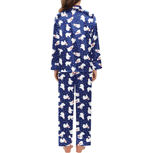 Ensemble de pyjama en satin bleu pour femmes, manches longues, imprimé motif ours polaire, vêtements de nuit doux pour l'hiver - Product Image 3