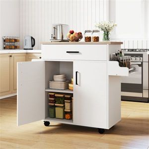 Carrello da Cucina Bianco da 105 cm con Cassetti, Armadietto, Porta Spezie e Portasciugamani - Product Image 2