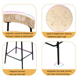 Set di 2 Boho nero bianco crema tessuto a mano di carta sgabelli da banco rotondi da pranzo sedie da Pub per sgabelli da cucina Bar - Product Image 4