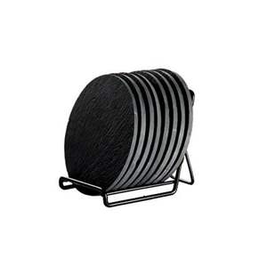 Ensemble de sous-verres en ardoise personnalisés avec logo, sous-verres ronds en pierre naturelle noire en gros avec support, tapis de boisson décoratifs antidérapants - Product Image 1