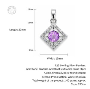Pendentif Solitaire Carré en Améthyste Brésilienne Plaqué Rhodium en Argent Sterling Rhaya Jewels – Fait Main, Tendance et en Gros - Product Image 3
