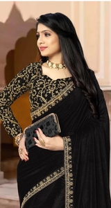 KV Black and Gold Velvet <b>Saree</b> with Embroidered <b>Blouse</b> - Product Image 3