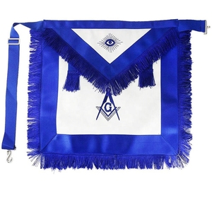 Tablier maçonnique en satin bleu brodé avec franges, symbole œil et compas, fermeture réglable, pour usage artisanal - Product Image 1