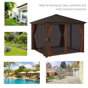 Gazebo 10x10 Marrone Scuro con Tetto Rigido, Telaio in Alluminio e Tende con Ganci, Padiglione Permanente per Patio e Giardino - Product Image 6