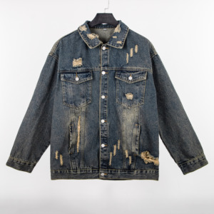 OEM Custom Men's Street Style Denim <b>Jacket</b> Vintage Distressed Shredded Acid Wash Jean Coat with Button Stone Washed for Men - Product Image 1