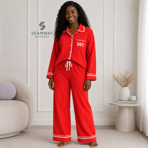 Delta| Sigma |Theta Women's Striped Pajama Set Button Front Long Sleeve Sleepwear Contrast Trim Lounge <b>PJs</b> With Drawstring Pants - Product Image 6