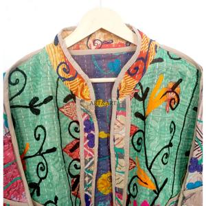 Indian Handmade 100% Cotton <b>Kantha</b> <b>Jacket</b> Mandarin Collar Full Sleeves Breathable Eco-Friendly All Season Fashionable Design - Product Image 2