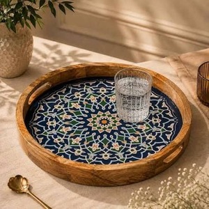 Round Wooden Serving Tray with Handles Red Geometric Patterned Decorative <b>Platter</b> Handmade Food Serving <b>Platter</b> Tray For Tea - Product Image 2