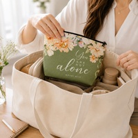 Tas Makeup Wanita Motif Bunga, Resleting, Lembut, Ringan, Tahan Air, Kotak, Katun Linen, Kantong Kosmetik, Nama Dapat Disesuaikan, Tempat Penyimpanan