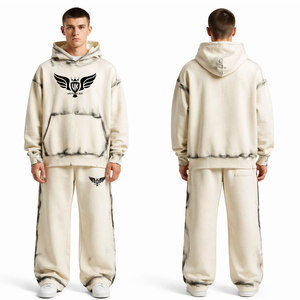 Custom Mens Oversized Hoodie Tracksuit Set Vintage Wash Streetwear Jogger Suit Casual Sportswear Two Piece Set - Product Image 1