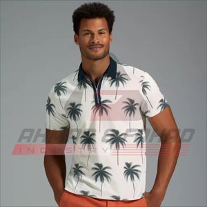 <b>Men's</b> <b>White</b> Palm Print <b>Short</b> <b>Sleeve</b> Polo <b>Shirt</b> With Navy Collar Zip Closure Breathable Casual Summer Wear - Product Image 1