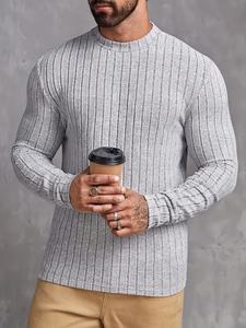 Mens Light Grey Ribbed Knit Sweater Long Sleeve Crew Neck Pullover Casual Slim Fit Soft Stretch Winter Top - Product Image 3