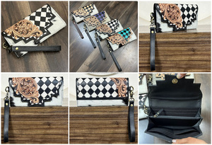 Nouveau portefeuille-bracelet en cuir de vachette artisanal, incrusté de motifs floraux à carreaux, style western, en cuir véritable, pochette pour femme - Product Image 3