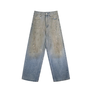 Jean pour homme 100% Coton Coupe Droite Taille Mi-Haute Style Hip Hop en Denim Ample avec Lavage Enzymatique Intensif Effet Délavé et Usé - Product Image 2