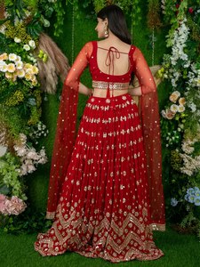 <b>Red</b> <b>Sequin</b> Embroidered Empire Waist A-Line Scoop Neck Solid Lehenga Choli Women Ethnic Dress Wedding Party Outfit - Product Image 6