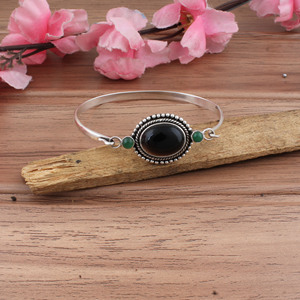 Natural Black Onyx Bangle 925 <b>Silver</b> Plated For Women Vintage Bohemian Style Black Gemstone <b>Cuff</b> <b>Bracelet</b> Handmade For Woman - Product Image 3