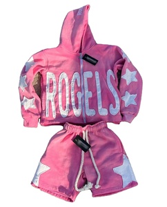 ROGELS Ensemble de survêtement rose à capuche pour femme, sweat-shirt et short streetwear avec appliques étoiles, manches longues, fermeture éclair sur le devant - Product Image 1