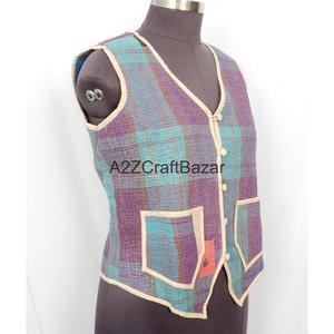 Vintage <b>Kantha</b> Quilted Printed Logo 100% Pure Cotton Breathable Autumn Vest Women Boho Style Regular Waistcoat - Product Image 3