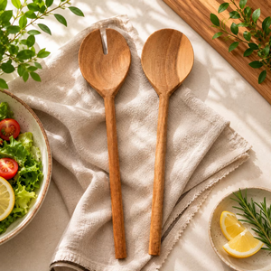 Ensemble de service à salade en bois naturel de conception coréenne fait à la main REHMAN CRAFT Cuillère et fourchette à long manche rustiques Écologiques pour la salle à manger - Product Image 2