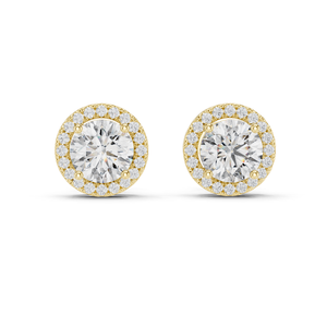 Pendientes de lujo de oro y platino con halo de diamantes redondos brillantes, con piedra central y engaste pavé en forma de U para mujer - Product Image 3