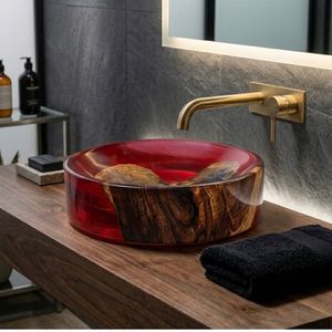Lavabo de salle de bain en acrylique rouge et bois artisanal avec incrustation en bois d'olivier, pour comptoir moderne - Product Image 1