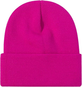 Bonnet en tricot côtelé imperméable blanc et rose vif, chaud, à revers, doux, extensible, décontracté, pour l'extérieur et les températures froides - Product Image 1