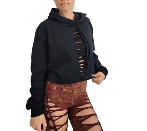 Sweat-shirt asymétrique noir à capuche pour femme avec découpes latérales, manches classiques, couleur unie, tricoté, respirant, pour l'automne - Product Image 6