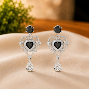 Boucles d'oreilles pendantes élégantes en forme de cœur noir avec diamants, en vermeil or blanc et moissanite, pour femme, idéales pour un anniversaire - Product Image 1