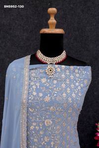 Traje Salwar Semisellado de Georgette de Seda Sintética de Alta Calidad con Bordado de Hilo-Zari y Lentejuelas de 3mm - Proveedor Mundial - Product Image 4