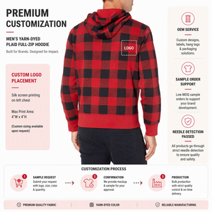 Sweat à capuche zippé pour homme, rouge et noir à carreaux, en polaire polyester/coton 360g avec poches - Product Image 3