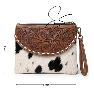 Genuine Cowhide Leather <b>Wristlet</b> Wallet Vintage Western Tooled Clutch Purse for Women Hair On Hide Chic Travel Pouch - Product Image 3