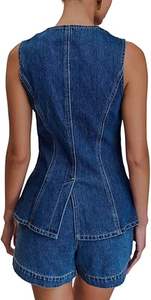 ชุดเดนิมผู้หญิงคุณภาพเยี่ยม ทรงหลวม ติดกระดุม เสื้อแจ็คเก็ตยาวและกางเกงยีนส์ขาสั้น สไตล์ลำลอง มีกระเป๋าเก๋ไก๋ - Product Image 4