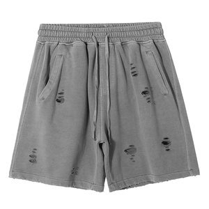 Shorts décontractés gris déchirés en coton pour hommes, taille mi-haute, longueur courte, en tissu tricoté respirant - Product Image 2